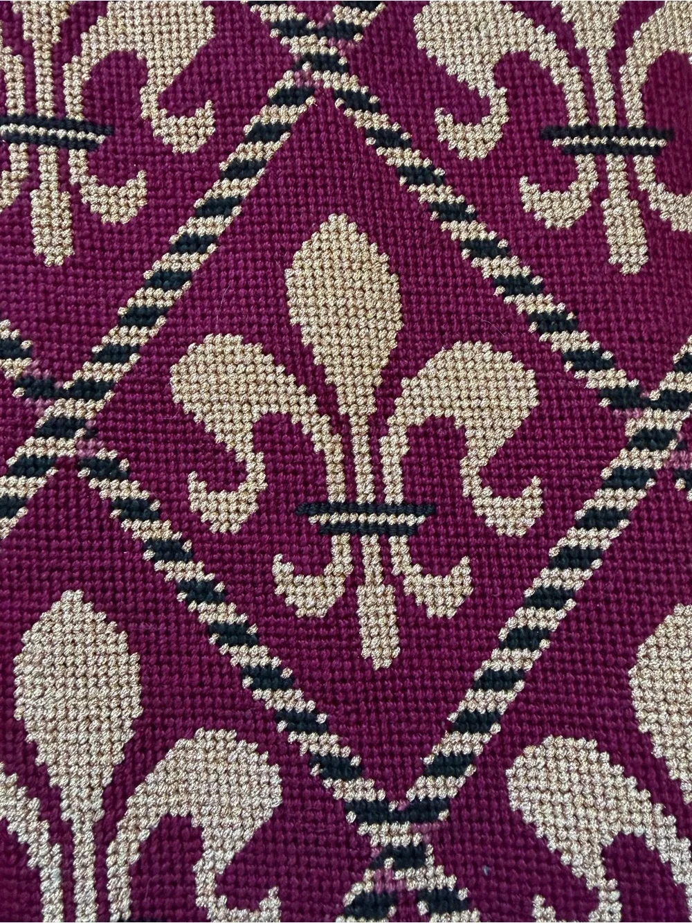 Vintage Handstitched Needlepoint Canvas Fleur-de-Lis Burgundy 15.5” Square